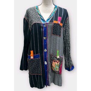 Faith Womens Sz L Artsy Mixed Media Jacket Embroidery Patchwork Colorblock Retro